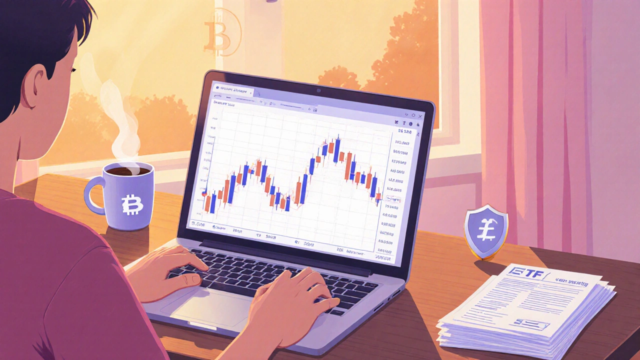 Человек за домашним столом изучает график цены и налоговые документы, рассматривая покупку Bitcoin ETF.