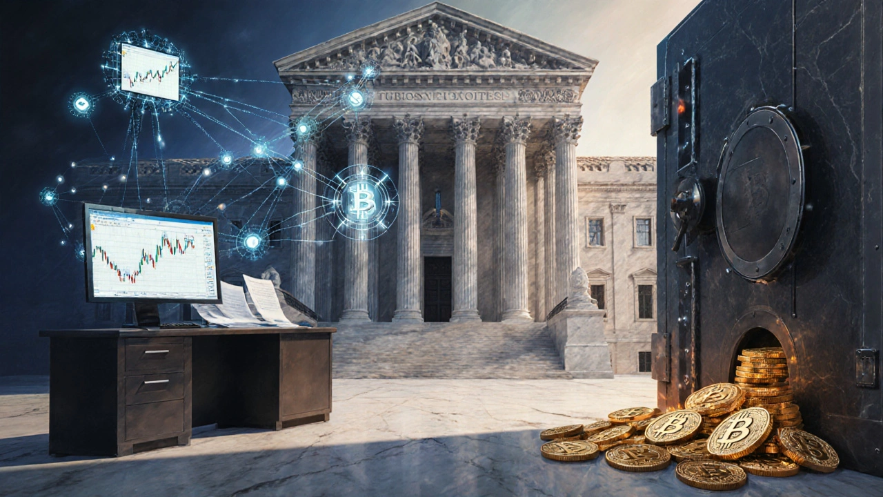 Иллюстрация экосистемы Bitcoin ETF: здание SEC, криптовалютная биржа, брокерский стол и хранилище биткоина.