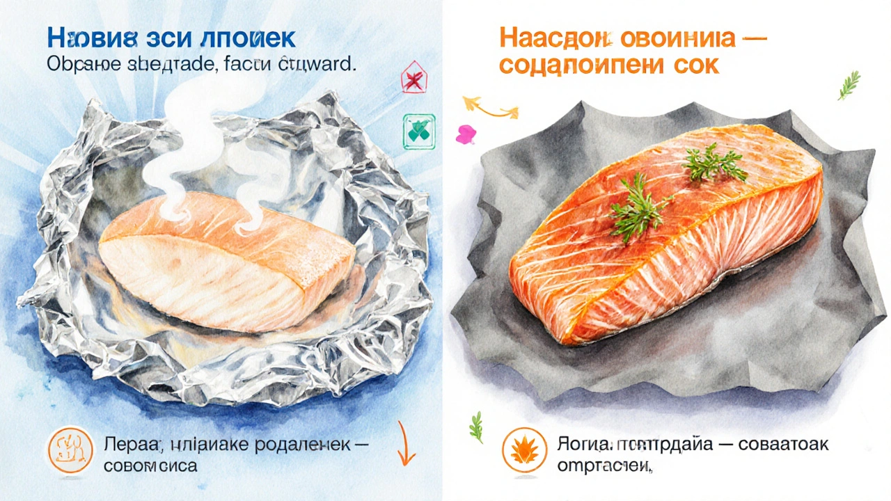 Иллюстрация: блестящая фольга сохраняет сок, матовая создаёт корочку.