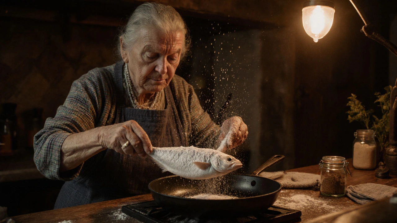 Пожилая женщина посыпает сельдь мукой перед жаркой на чугунной сковороде.