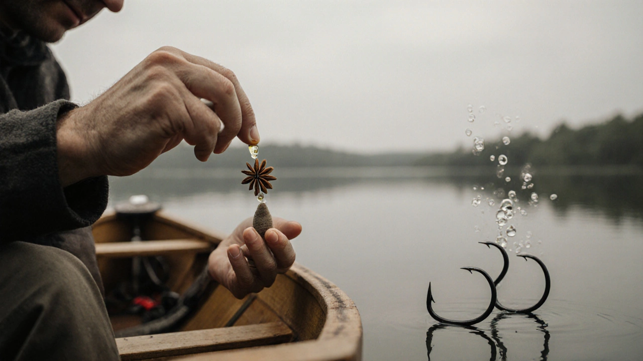 Руки рыбака наносят каплю анисового масла на наживку в лодке, рядом — две удочки в воде.