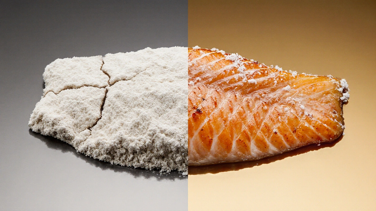 Сравнение: рыба с мукой (хрупкая корка) и с кукурузным крахмалом (хрустящая корка).