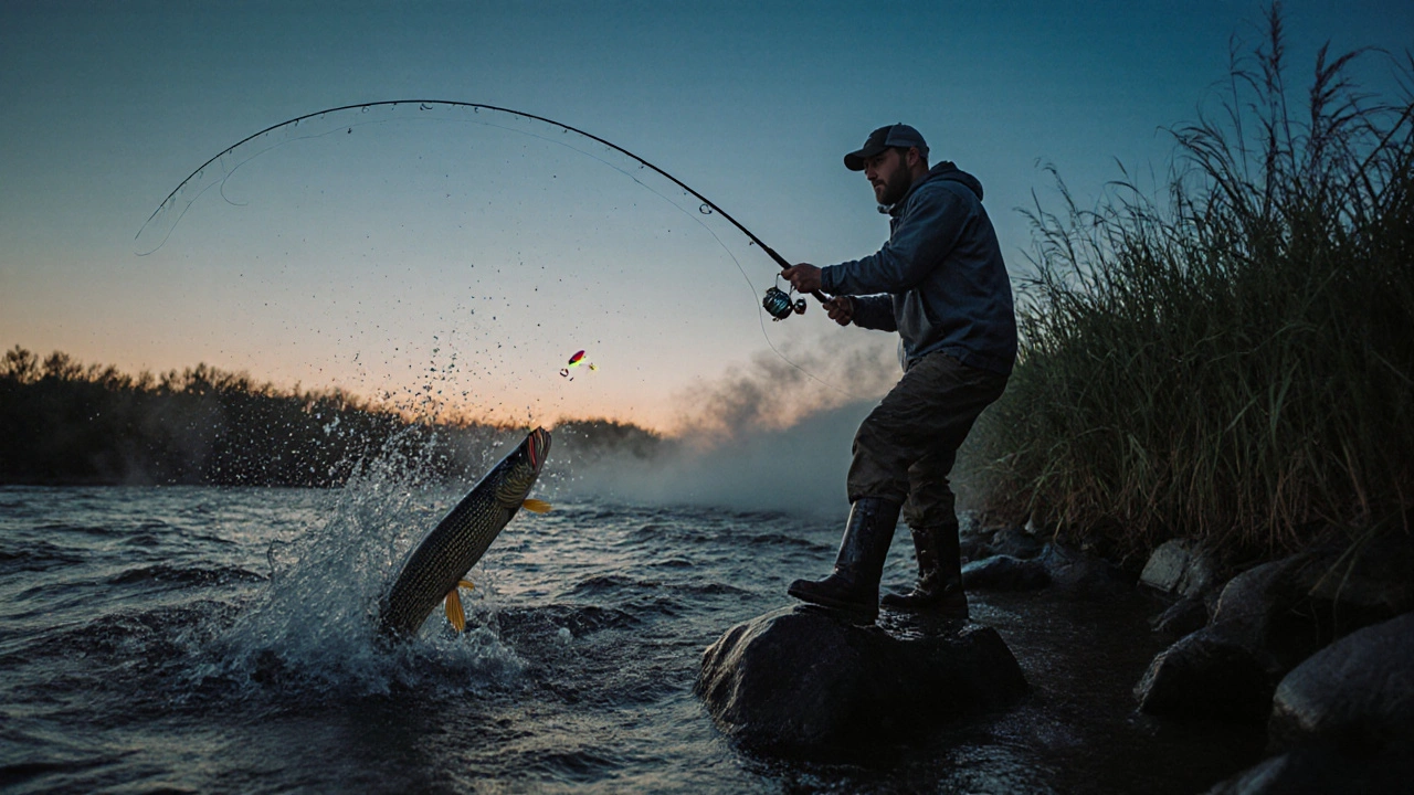 Англий с спиннингом бросает приманку в бурлящую реку на закате.
