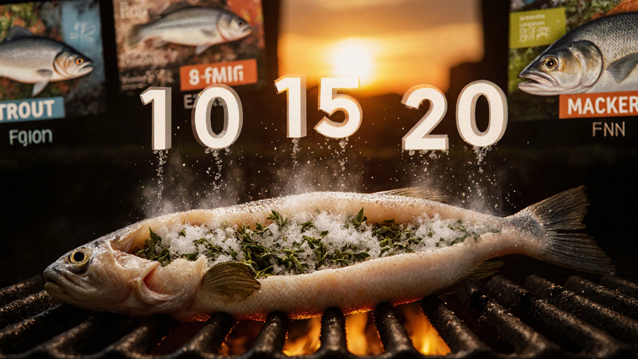 Целая рыба на гриле с указателями времени и ароматными травами внутри.