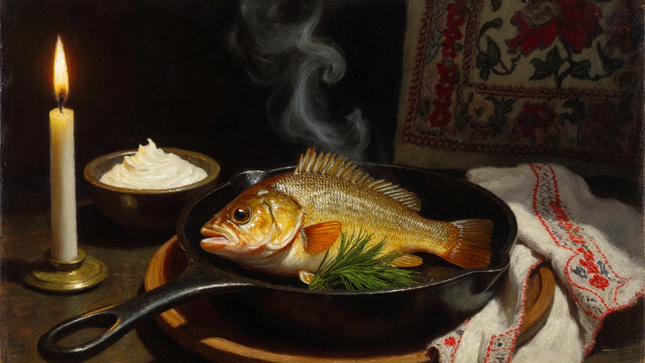 Целый окунь в хрустящей корочке на деревянной тарелке с сметаной и укропом.