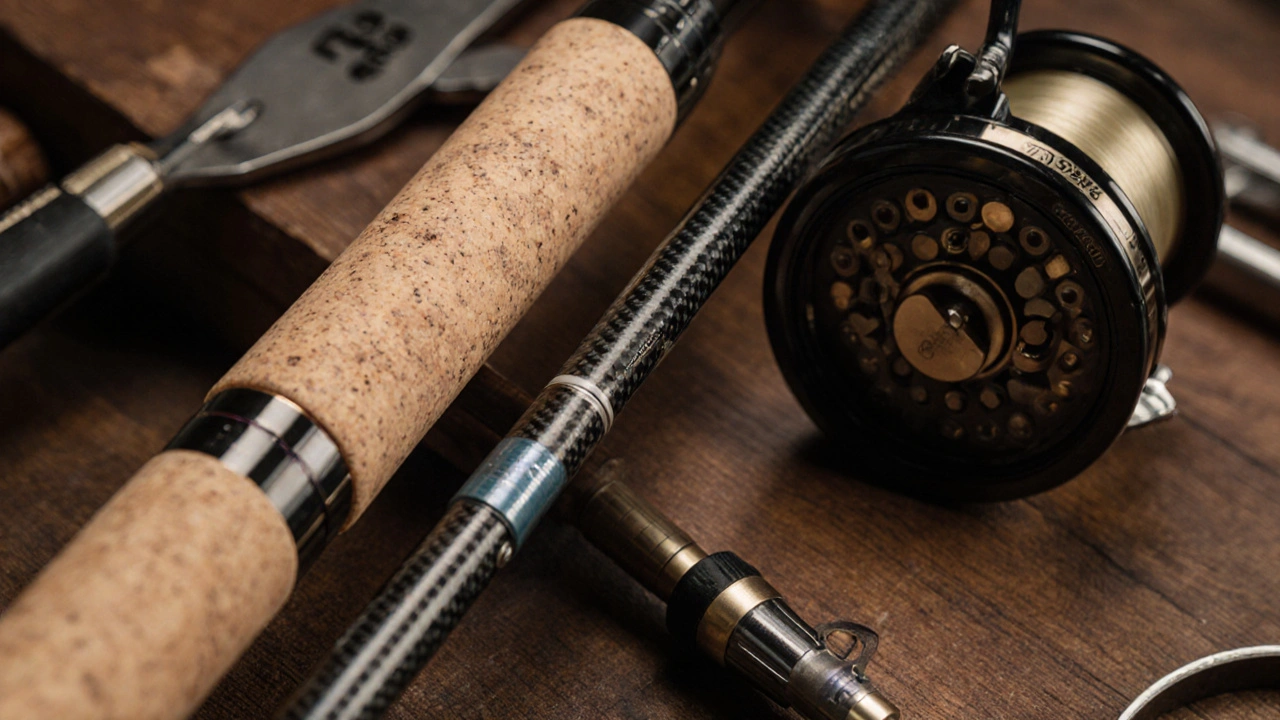 Детали премиальной удочки: пробковая рукоять, керамические кольца и бронзовые шестеренки катушки.