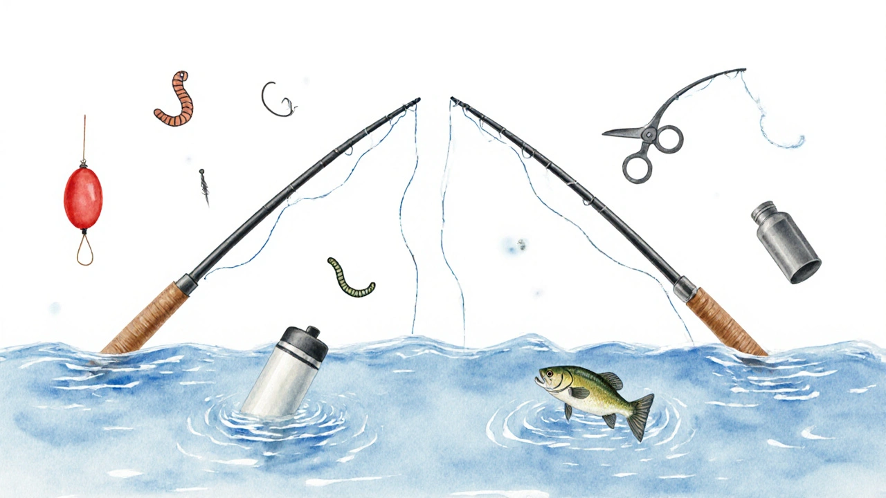 Две простые удочки и базовые аксессуары на фоне спокойной воды.