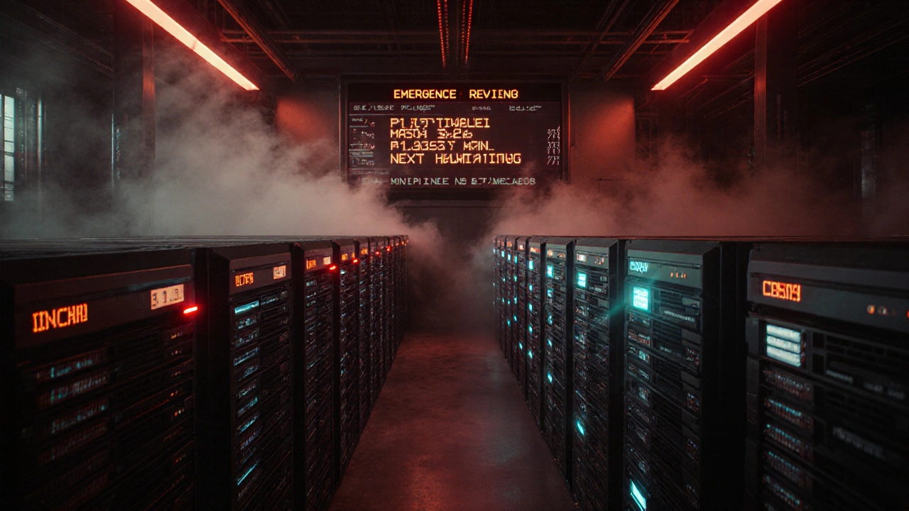 Ферма майнеров с дисплеем, показывающим награду 3.125 BTC, один майнер выключается.