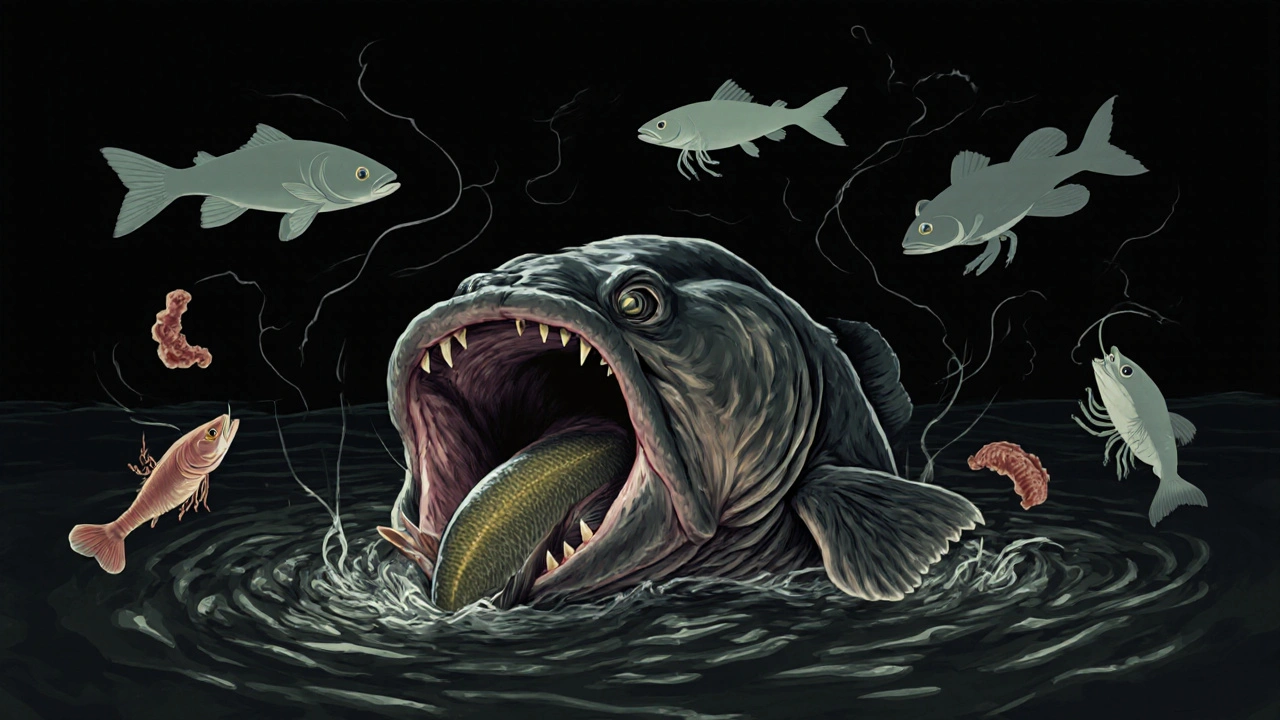 Гигантский сом заглатывает живую рыбку в тёмной воде, вокруг него — силуэты эффективных наживок.