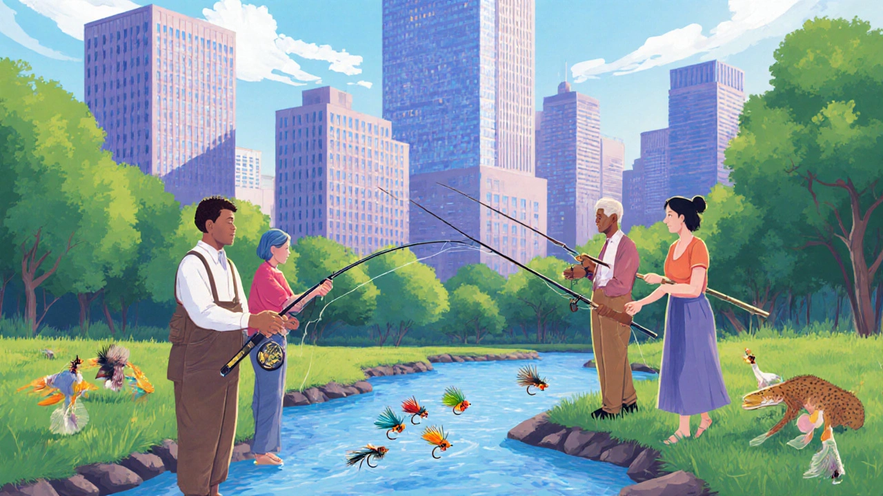 Группа людей учится ловле нахлыстом в городском парке с небоскрёбами на фоне.