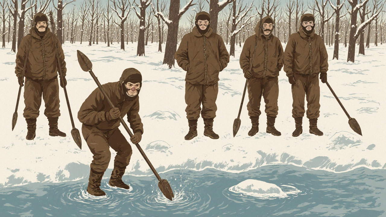 Группа советских охотников на берегу озера Томь в 1970-х, готовятся к погружению с самодельными копьями.