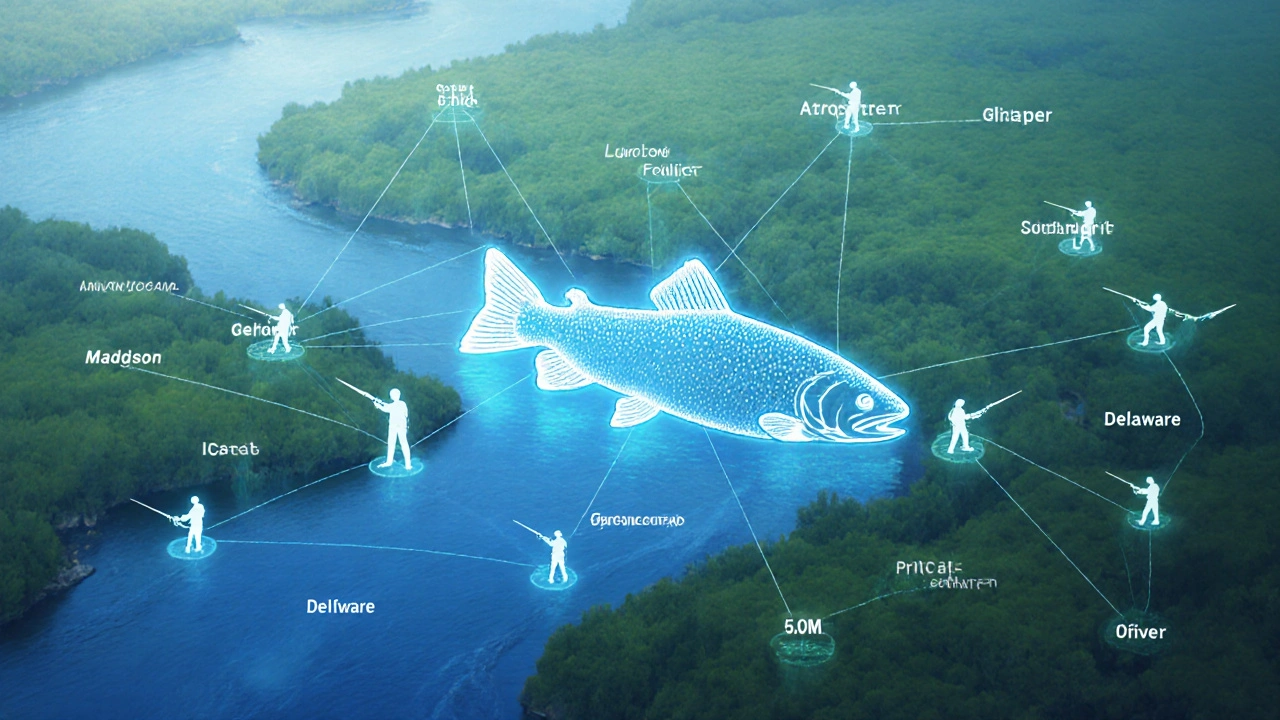 Карта США с соединяющими реками и силуэтами рыбаков, символизирующая рост популярности нахлыста.