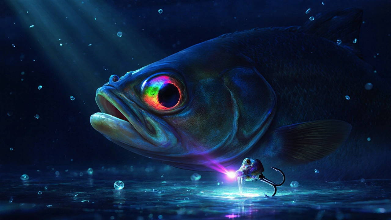 Микроскопический вид глаза рыбы с восемью цветочувствительными клетками, светящимися под УФ-светом.