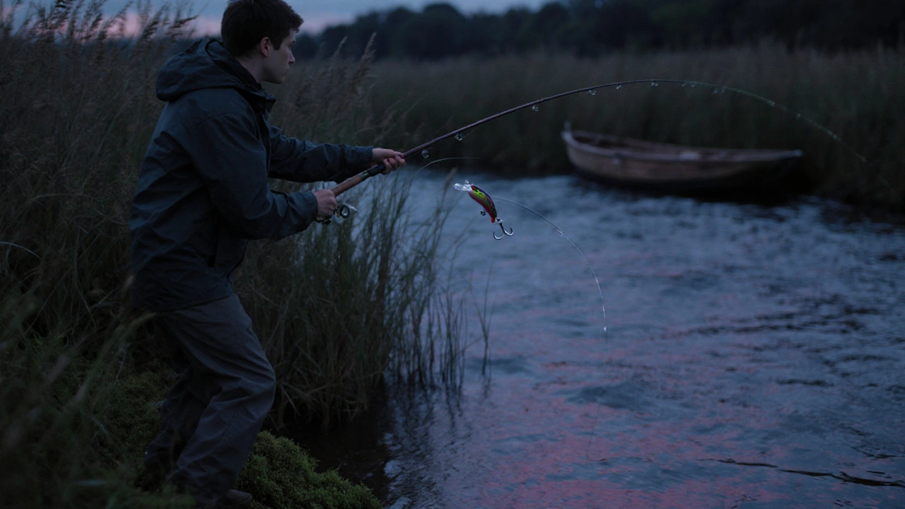 Молодой человек забрасывает спиннинг на закате у реки с камышами.