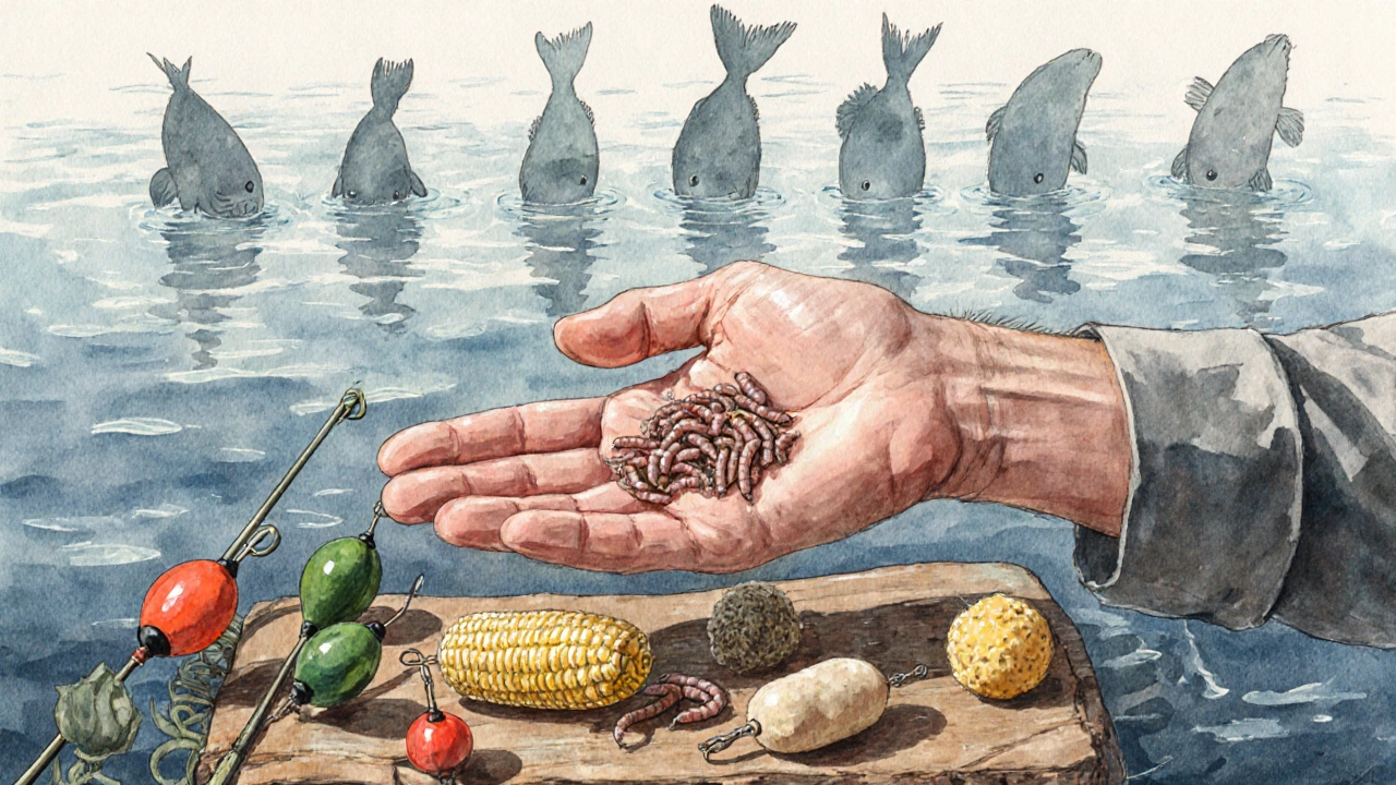 На деревянной доске — насадки для поплавочной ловли: мотыль, опарыш, кукуруза, тесто, рядом поплавки разных типов.