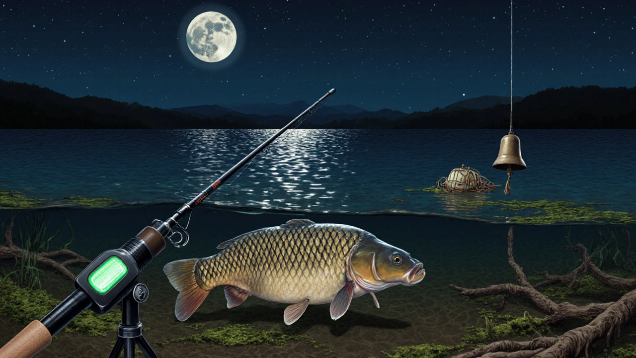 Ночная ловля карпа с электронным сигнализатором на глубоком озере.