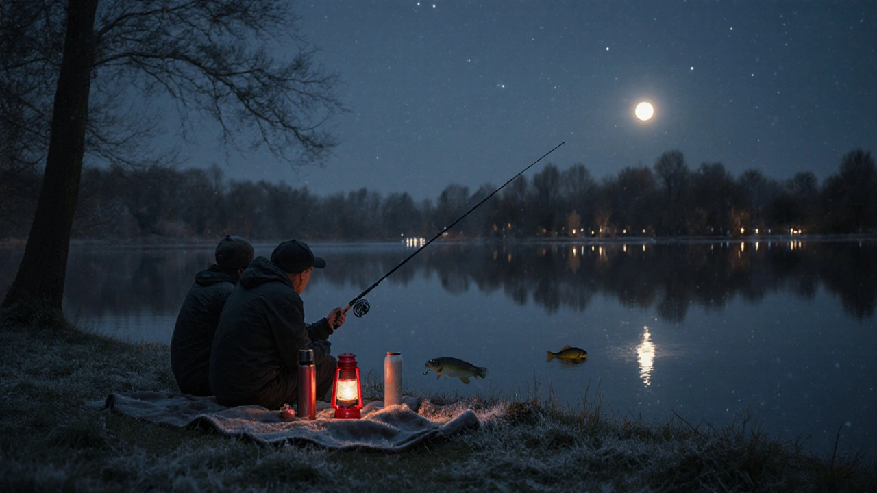 Ночная рыбалка в ноябре: два рыбака у воды под луной, карп поднимается к поверхности.