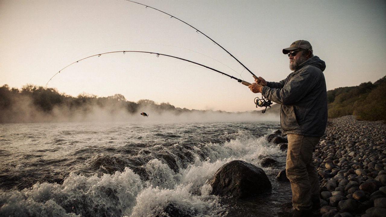 Опытный рыбак ловит на сильном течении длинной удочкой, снасть держится над потоком.