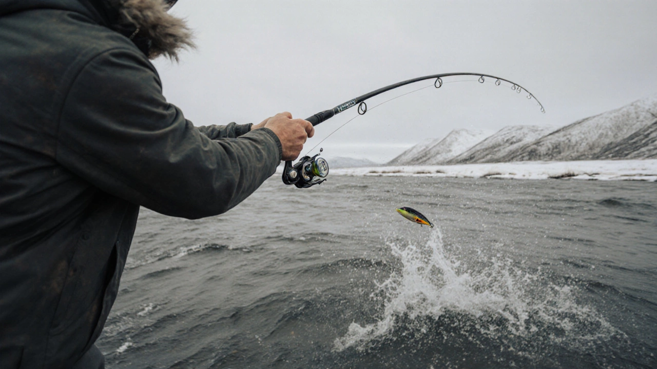 Опытный рыбак забрасывает спиннинг в быструю реку Иртыш.