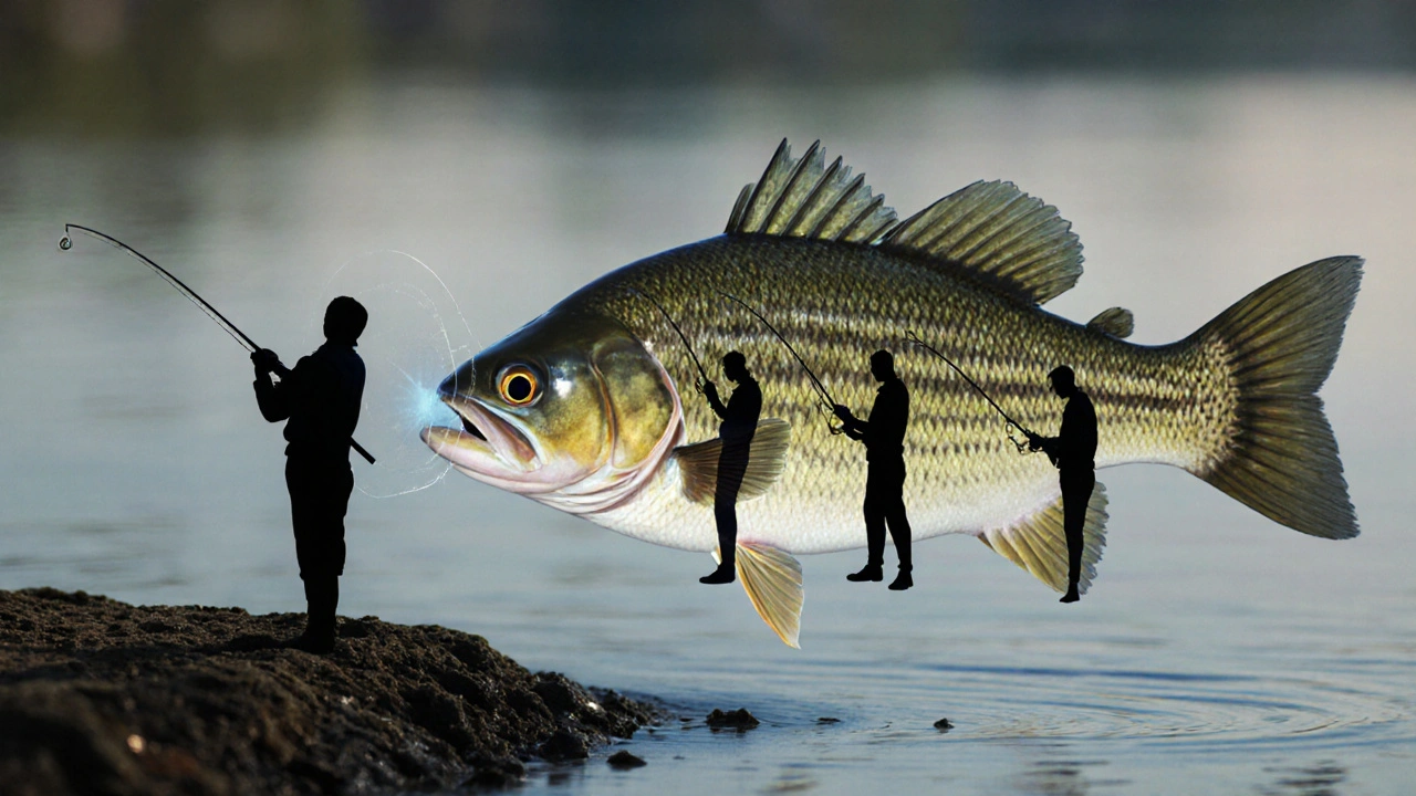 Панорамный обзор рыбы, показывающий рыбака и его удочку со всех сторон.