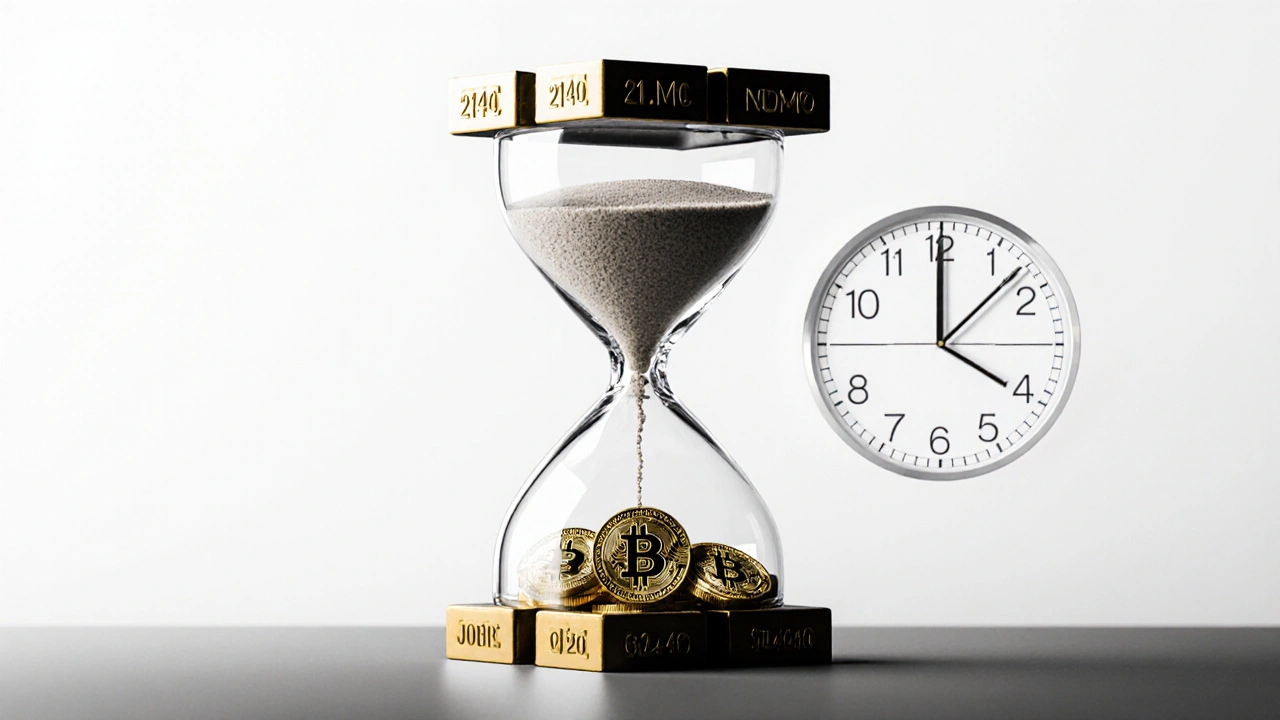 Песочные часы из блоков блокчейна, наполненные 21 миллионом биткоинов, с годом 2140.