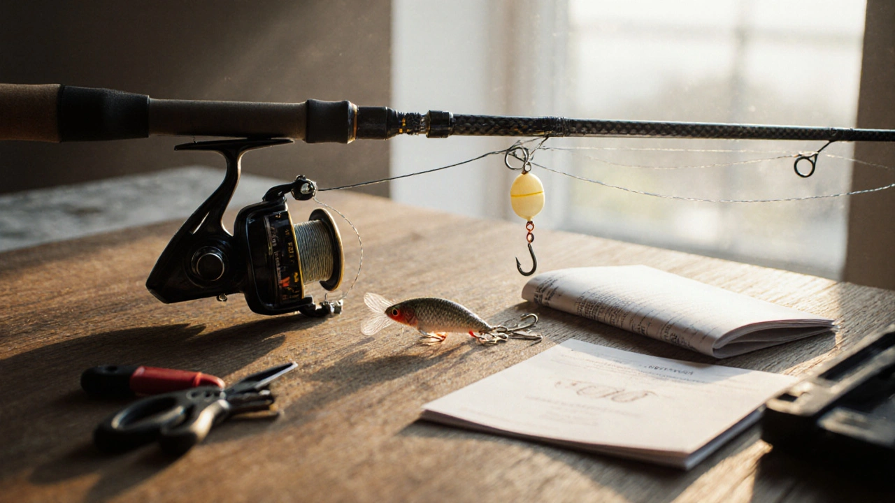 Полная снасть с удилищем, катушкой, поплавком и крючком на деревянном столе.