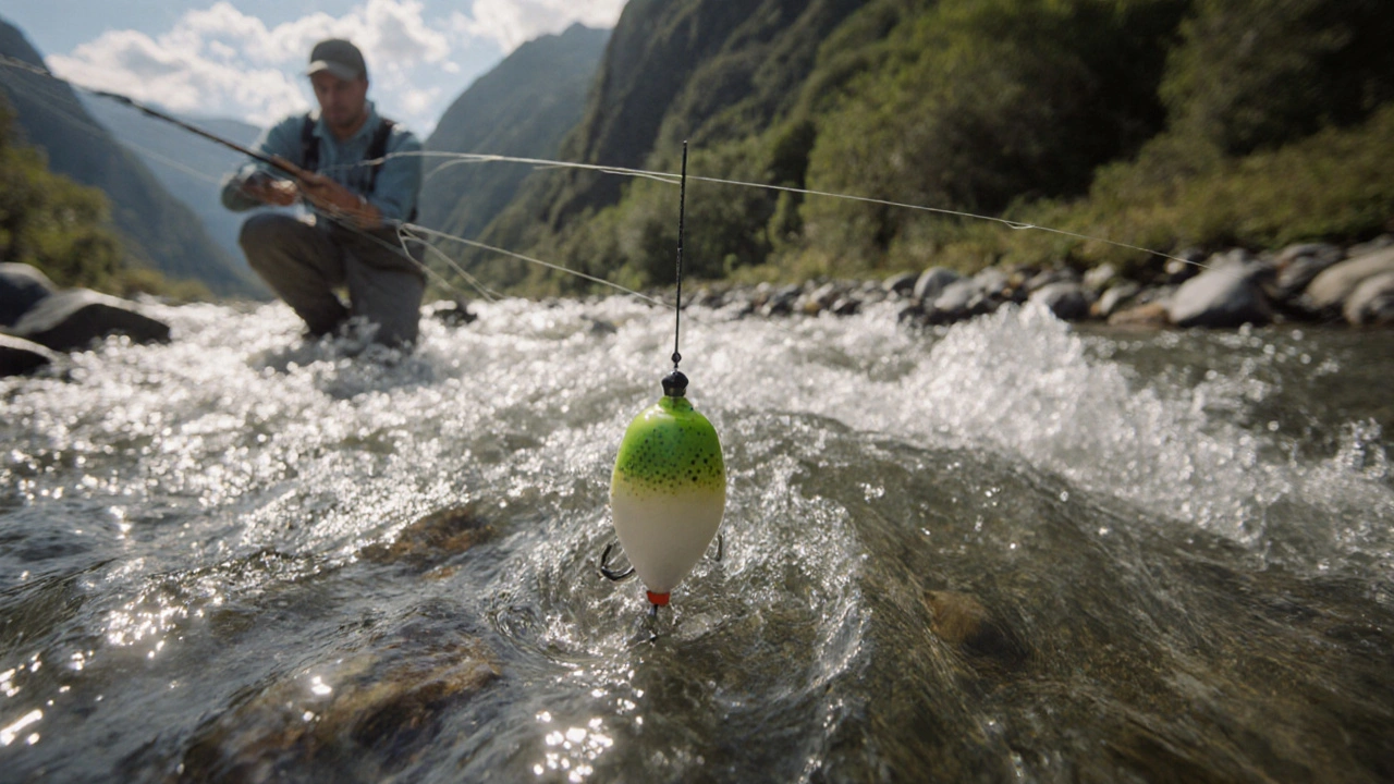 Поплавок весом 6 г удерживает снасть в сильном течении горной реки, вода бурлит вокруг.