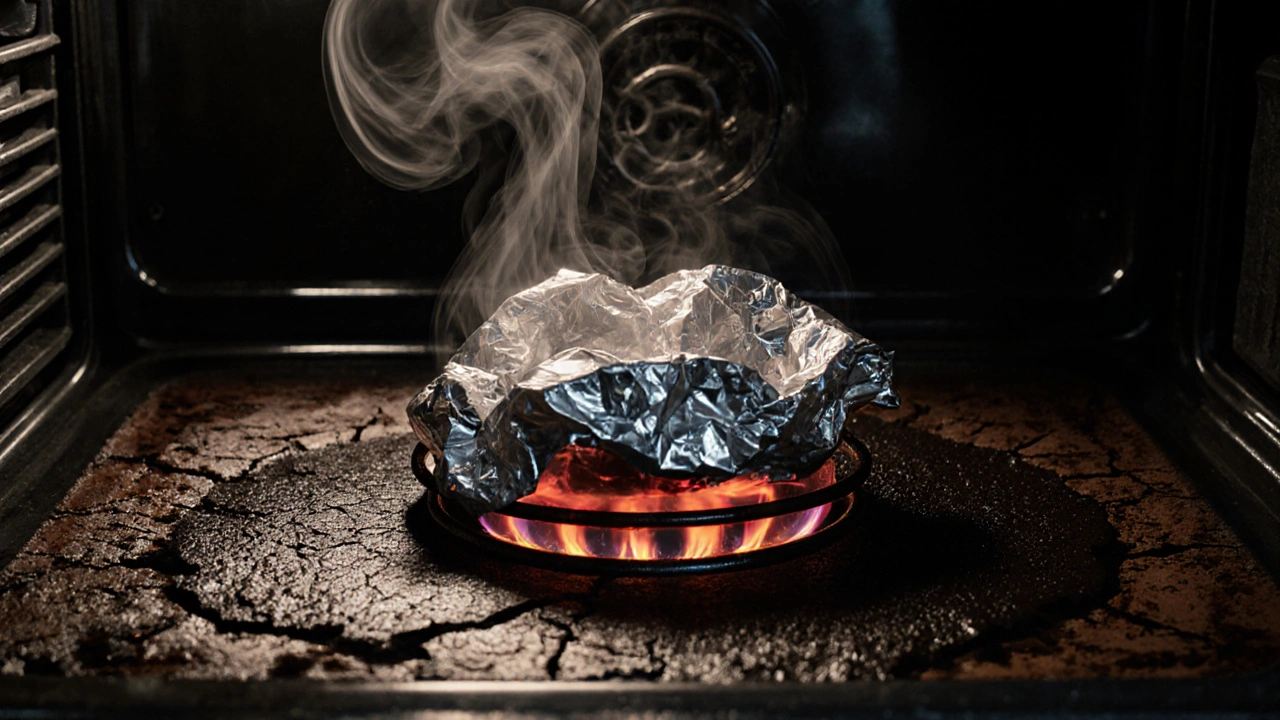 Поврежденный нагревательный элемент с прилипшей расплавленной фольгой и подгоревшим жиром на дне духовки.