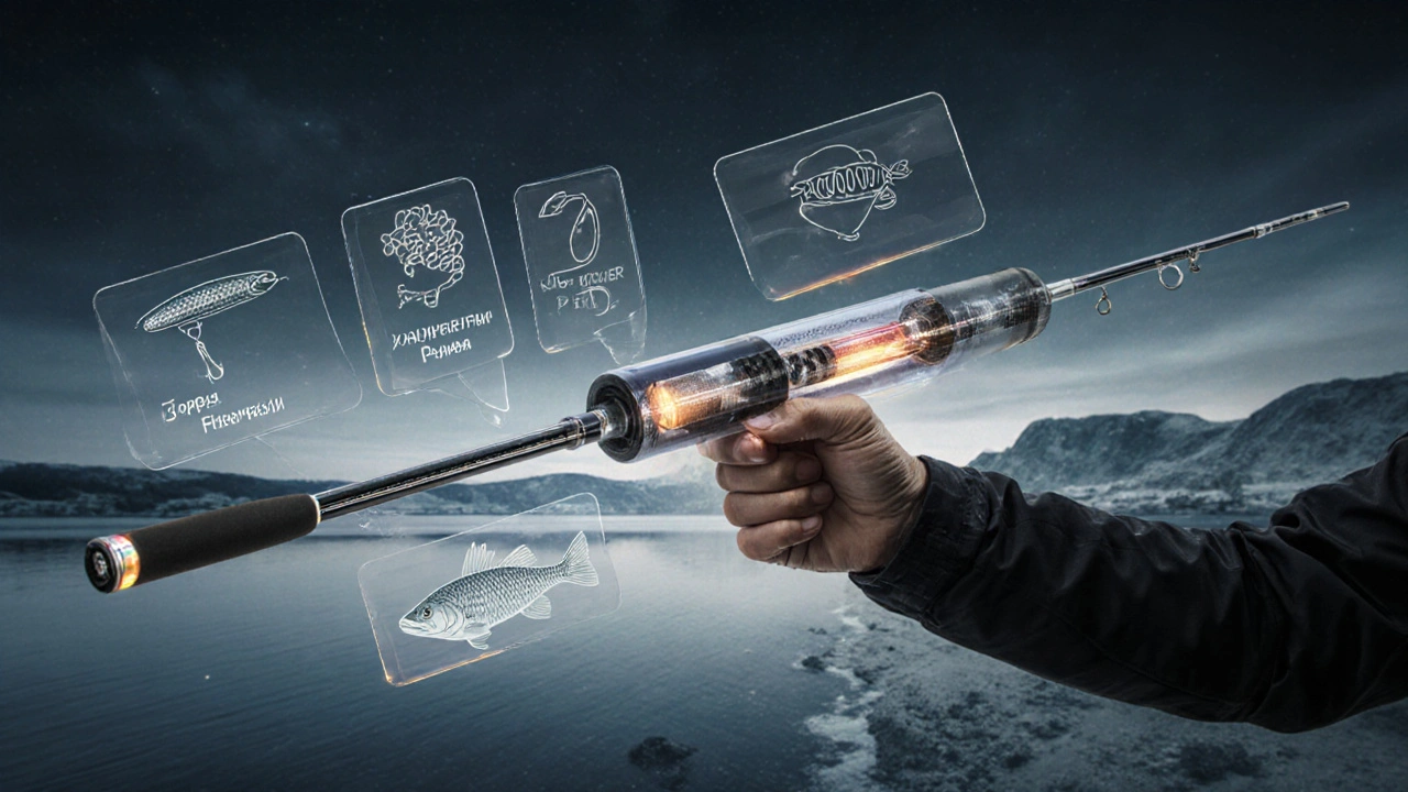 Прозрачный разрез удочки с внутренними материалами и стилями рыбалки.