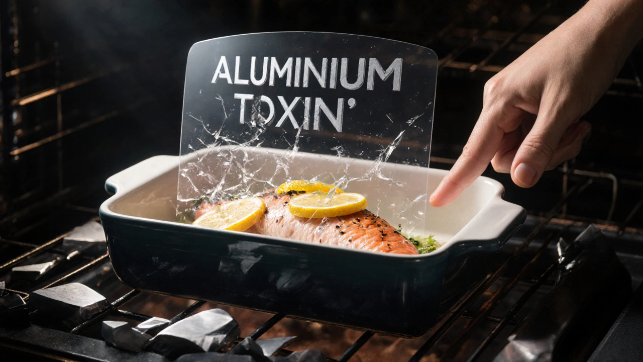 Рука кладет рыбу в керамическую форму, а токсичная алюминиевая пленка разрушается вокруг нее.