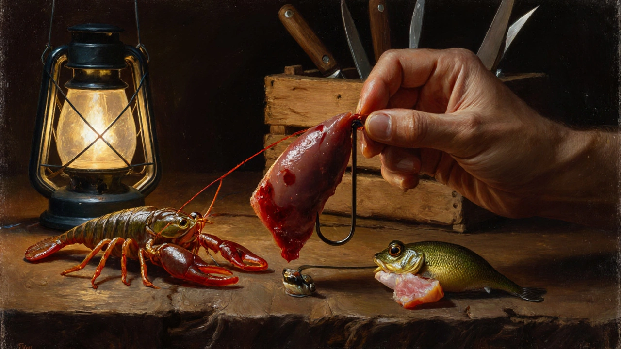 Рука рыбака насаживает куриную печень на крючок рядом с живыми раками и куском лягушки.
