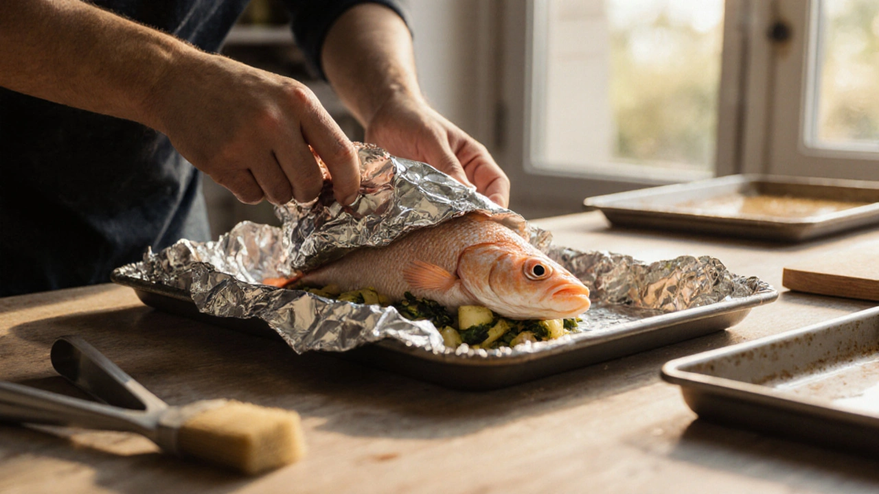 Рука заворачивает рыбу в фольгу с овощами, свет из окна.