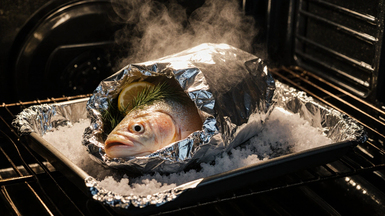 Рыба, завернутая в фольгу, стоит на решетке над противнем с солью, видны лимон и укроп внутри.