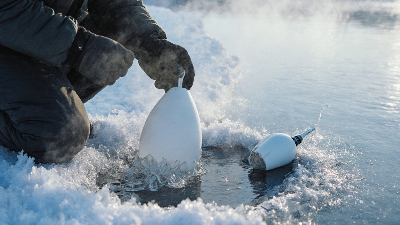 Рыбак держит прочный MPS-поплавок на замерзшей реке, рядом — разрушенный дешевый поплавок в снегу.
