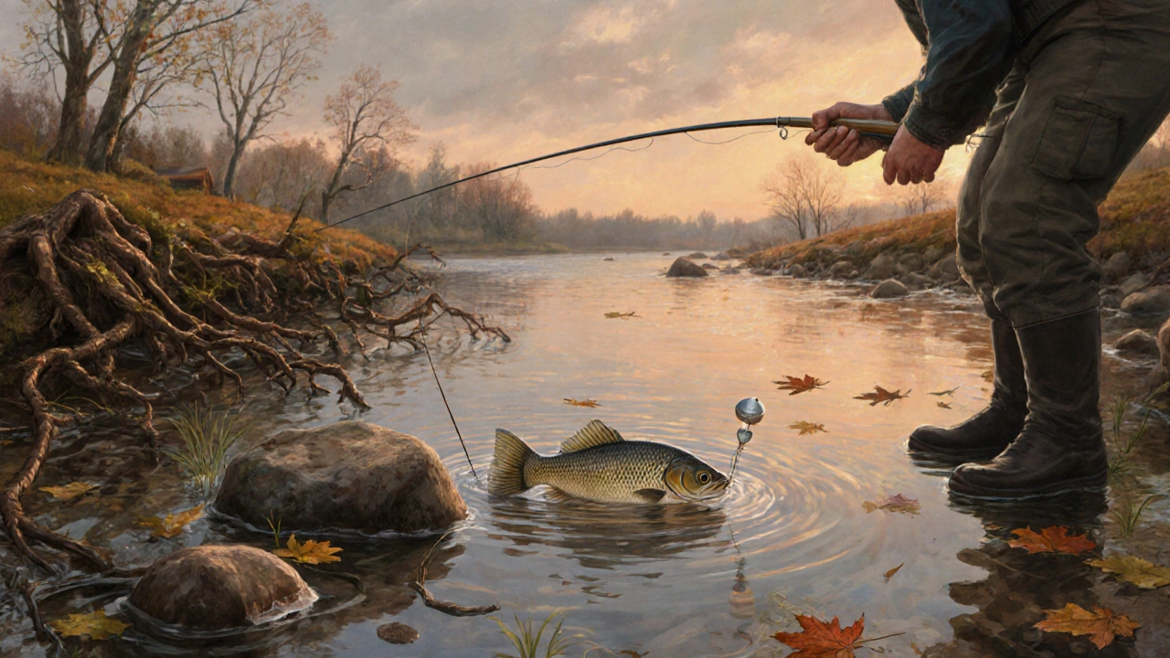 Рыбак ловит леща на течении реки, поплавок дрейфует у коряг, осенние листья на воде.
