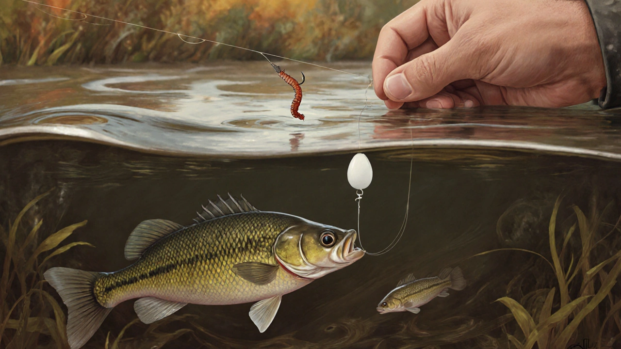 Рыбак настраивает тонкую снасть с легким поплавком, под водой рыба резко хватает червя.