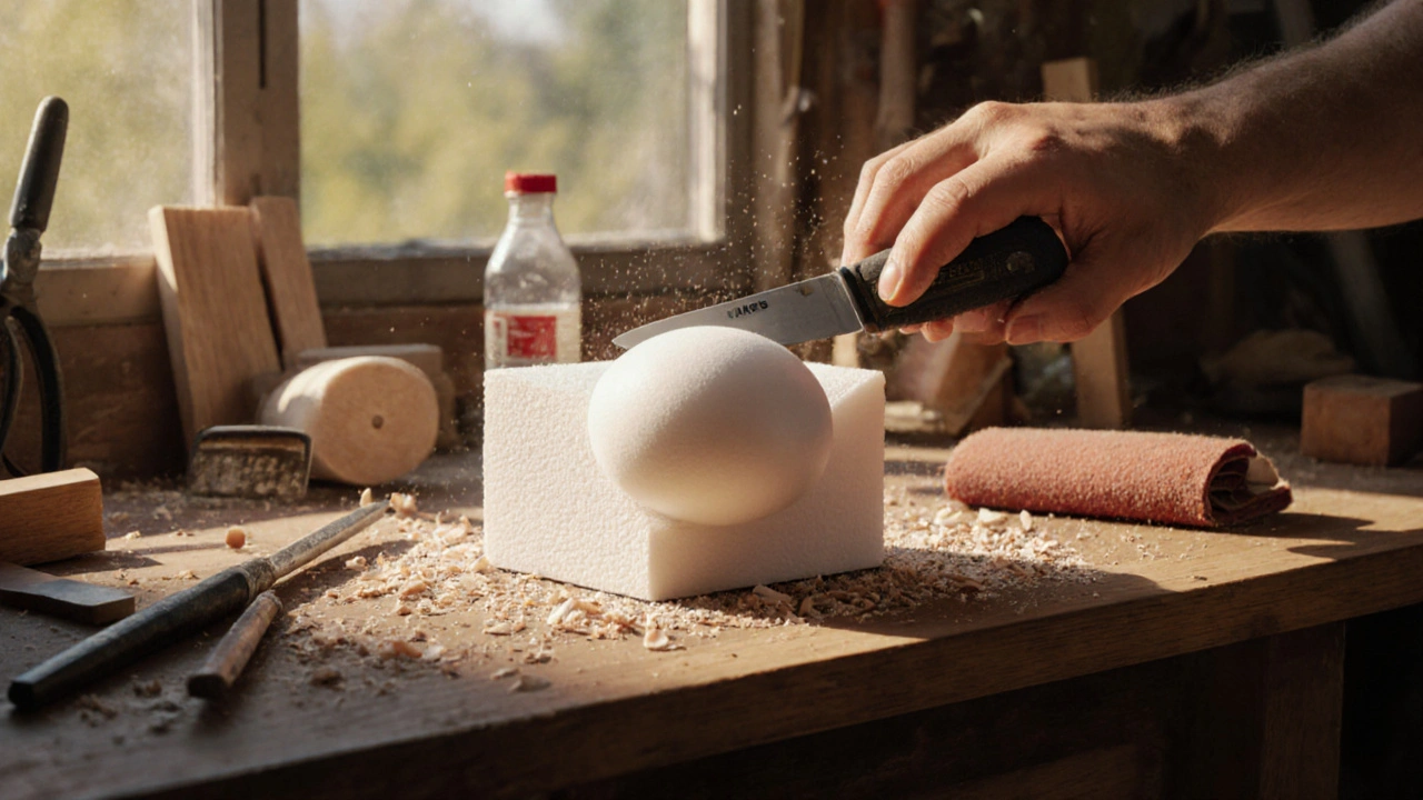Рыбак вручную вырезает поплавок из модифицированного пенополистирола на деревянной верстаке.