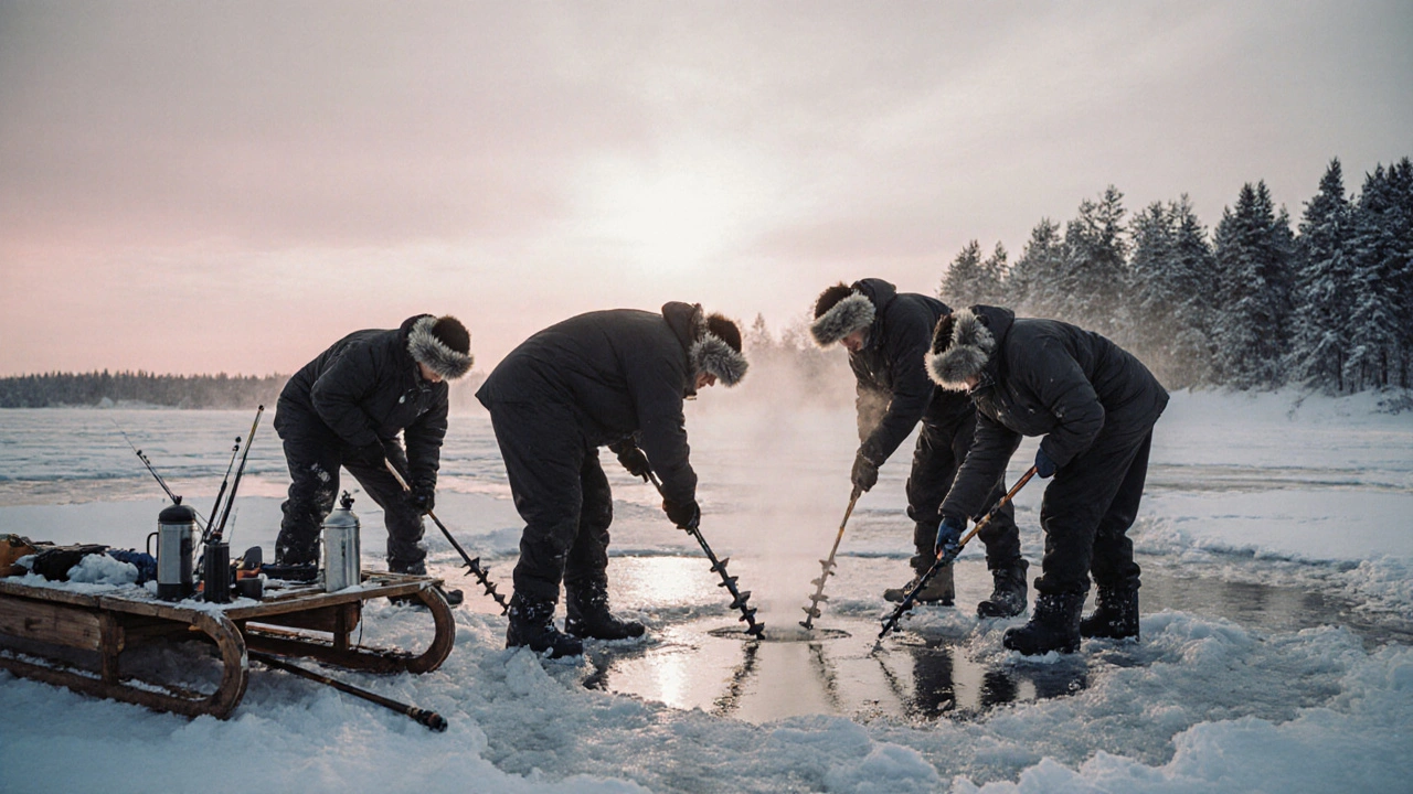 Рыбаки сверлят лунки на замерзшем озере на рассвете в зимнем ландшафте.