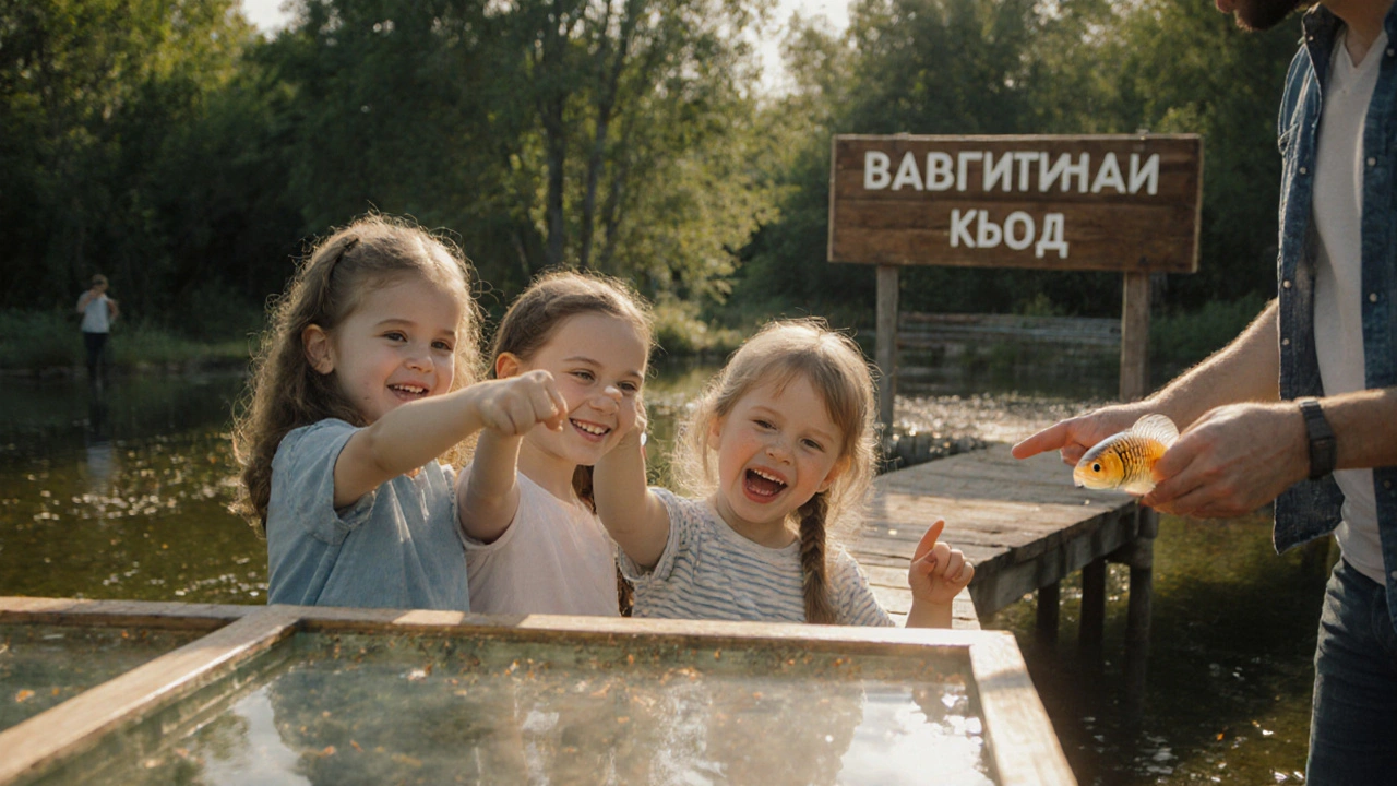 Семья смотрит на мальков в аквариумах на экскурсии в рыбоводном хозяйстве, ребенок указывает на рыбу.