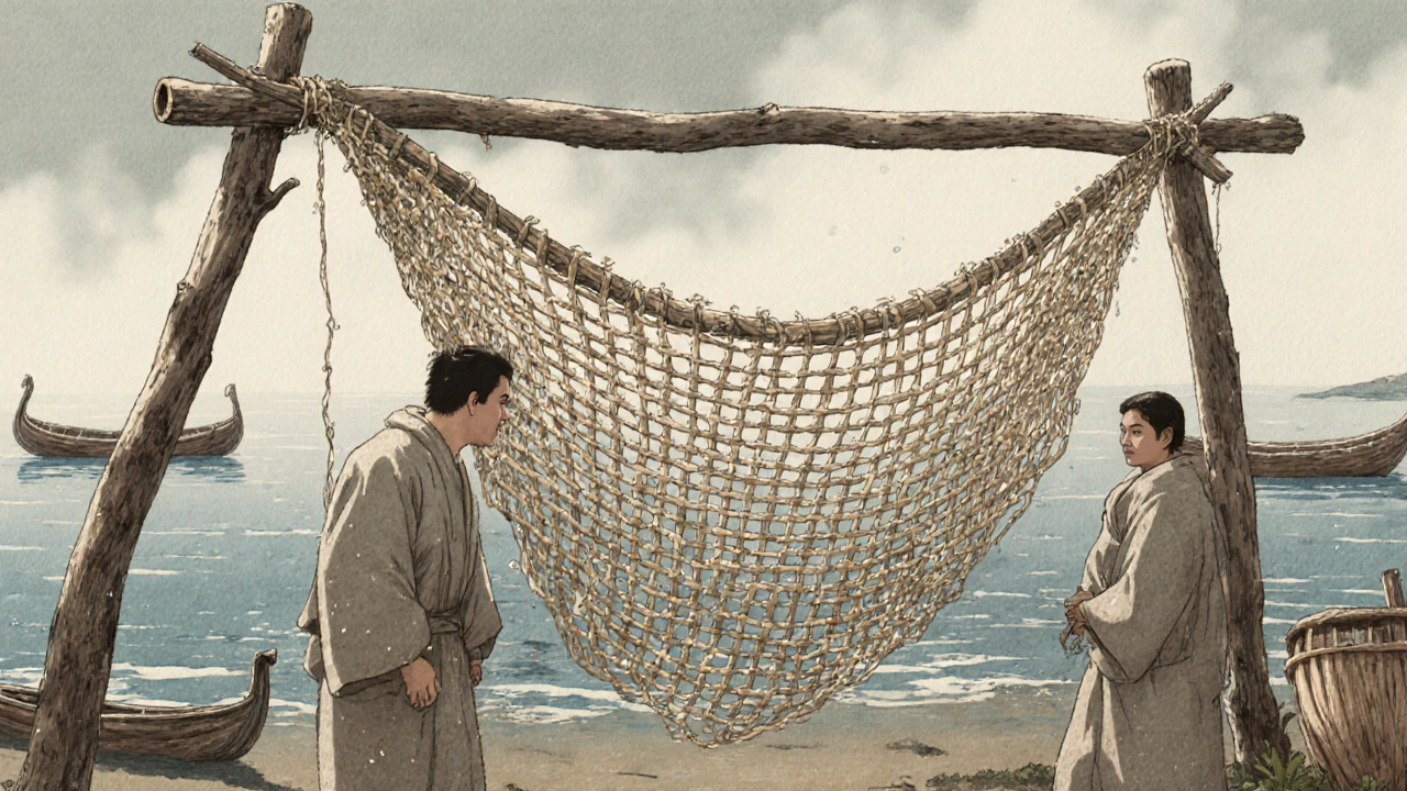 Сеть из коры деревьев на берегу Японии, сплетённая 5000 лет назад для ловли рыбы.