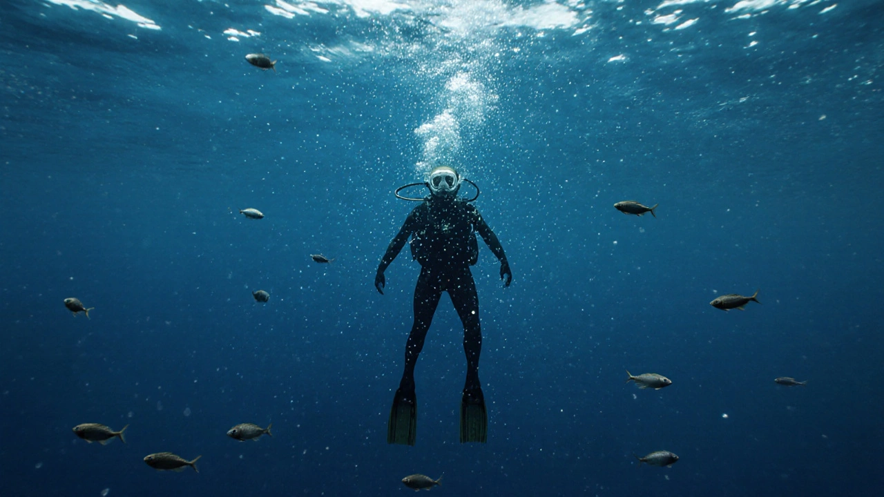 Силуэт ныряльщика в чистейших водах Байкала, окружённый светом и рыбой, символизирующий гармонию с природой.