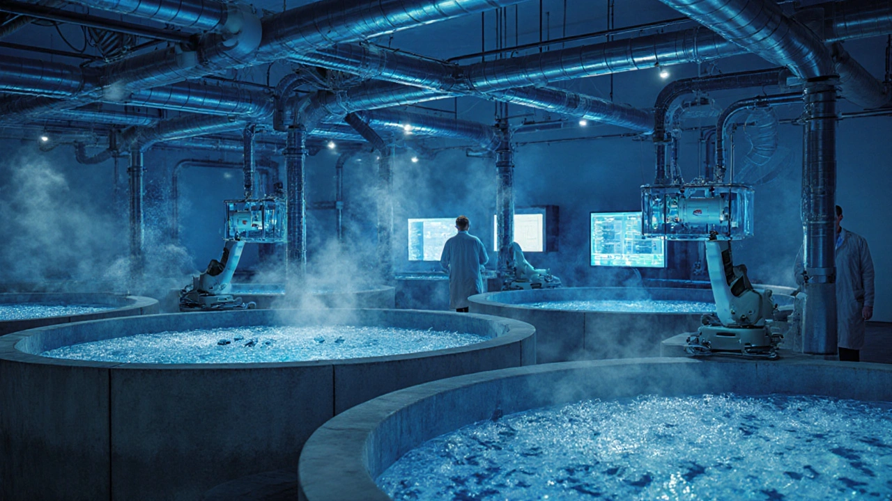 Современный аквакультурный центр с круглыми бассейнами, фильтрами и биологами за экранами.