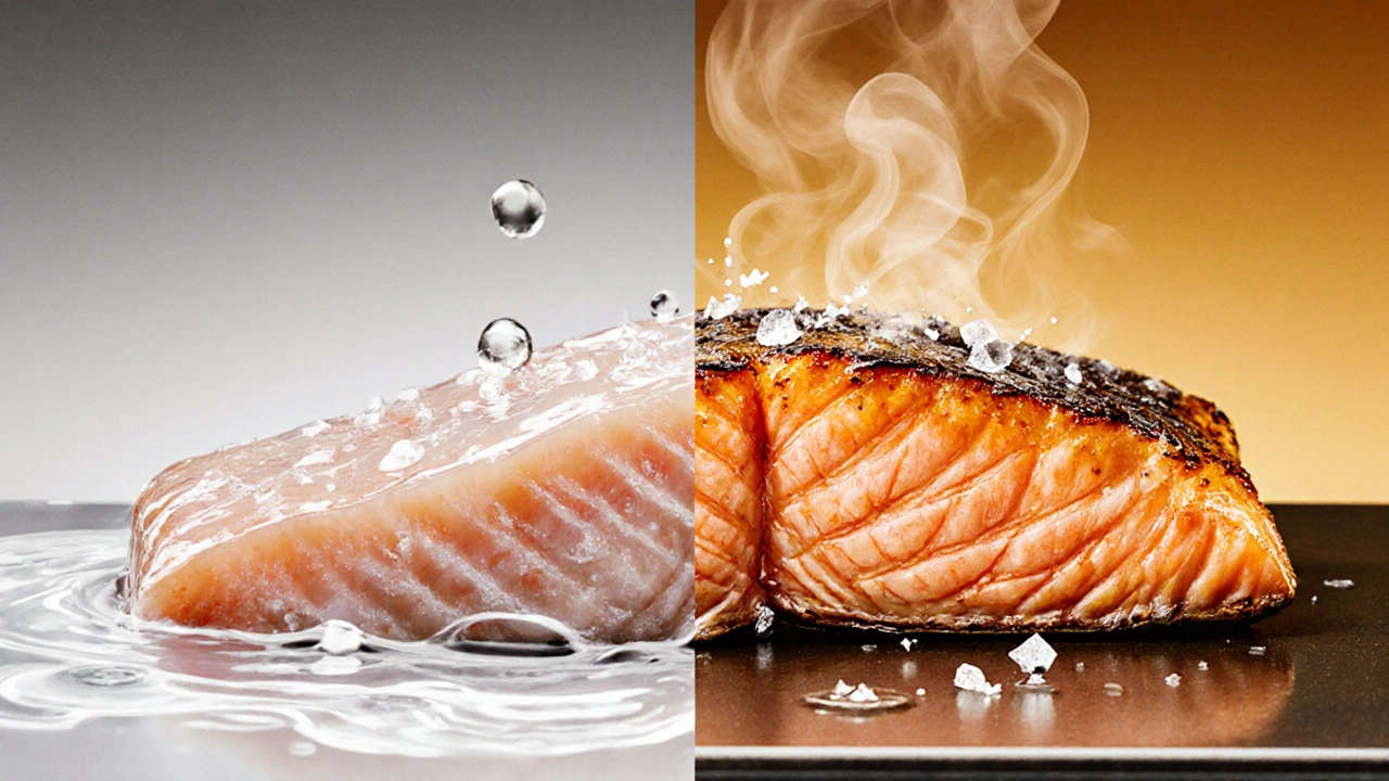 Сравнение: мокрая рыба после раннего посола и идеально обжаренная с золотистой корочкой.