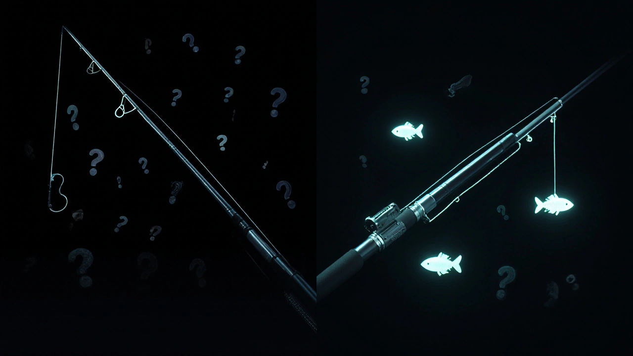 Сравнение: палка без снасти слева и готовая удочка справа с подсветкой.