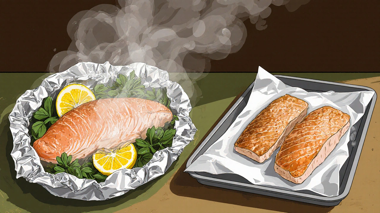 Сравнение сочной рыбы в фольге и сухой без неё, вид сбоку.