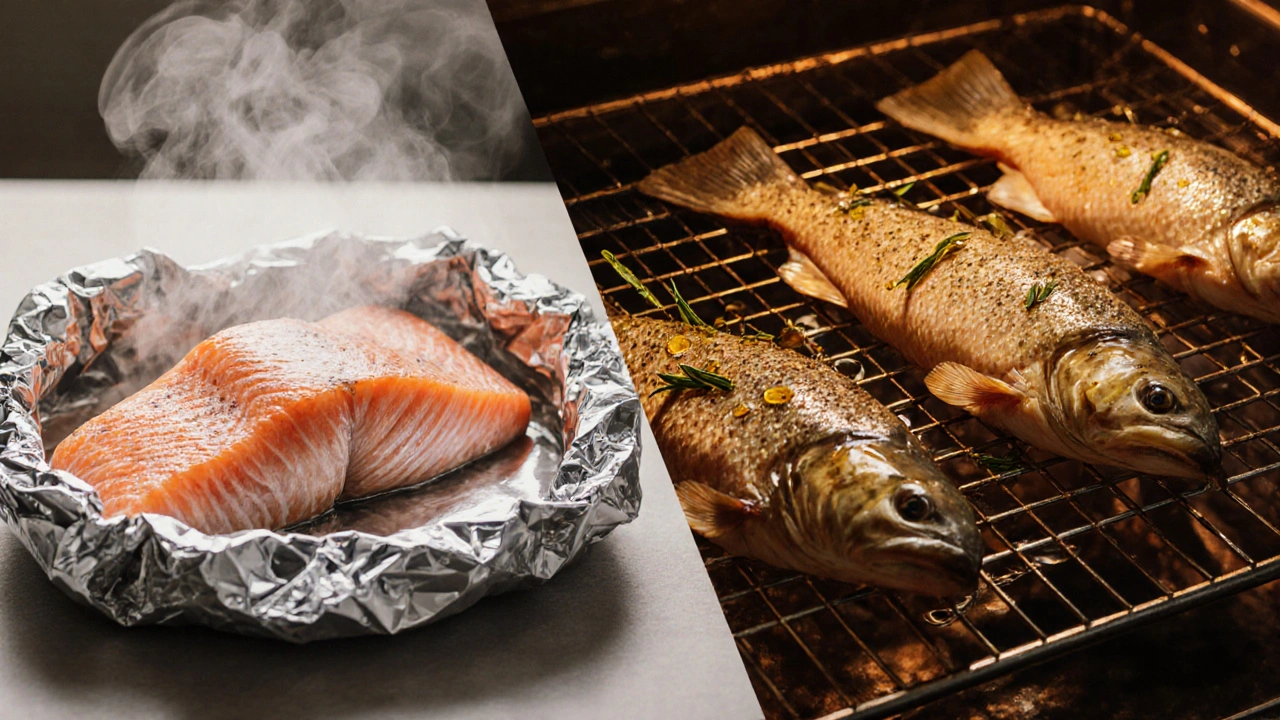 Сравнение запеченной рыбы в фольге и на решетке: одна серая и резиновая, другая золотистая и ароматная.