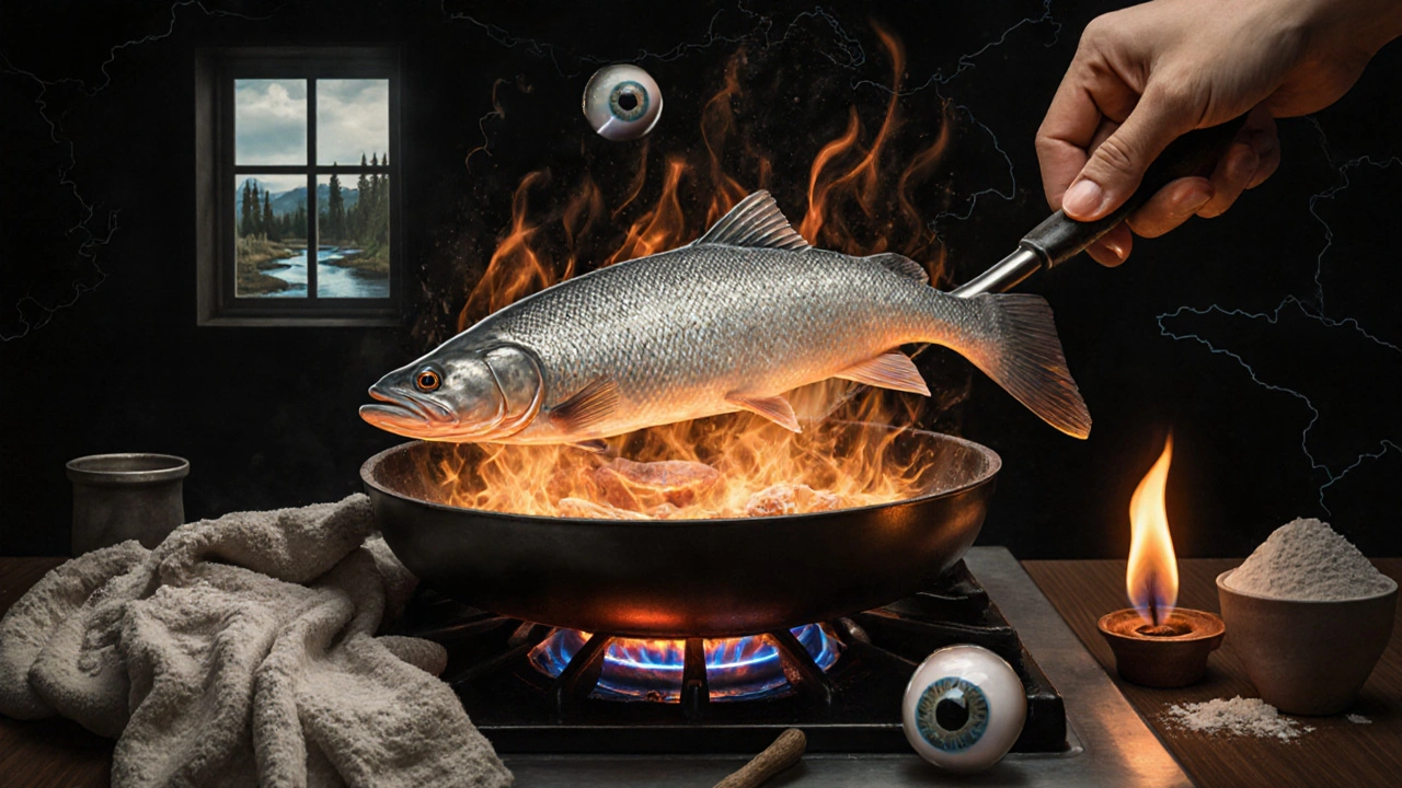Щука на раскалённой сковороде с символами приготовления: молоко, мука, пламя.