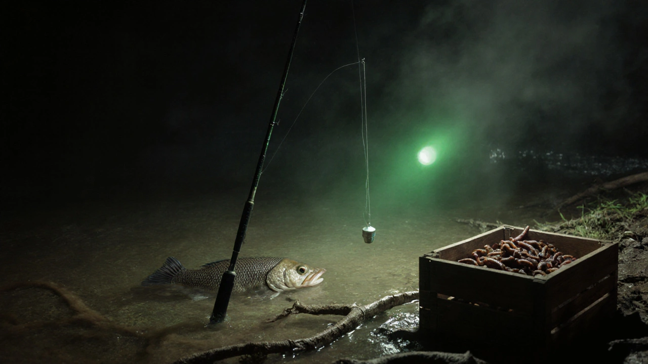 Тяжёлая донная удочка на берегу реки, сом тянет наживку в тёмной мутной воде.