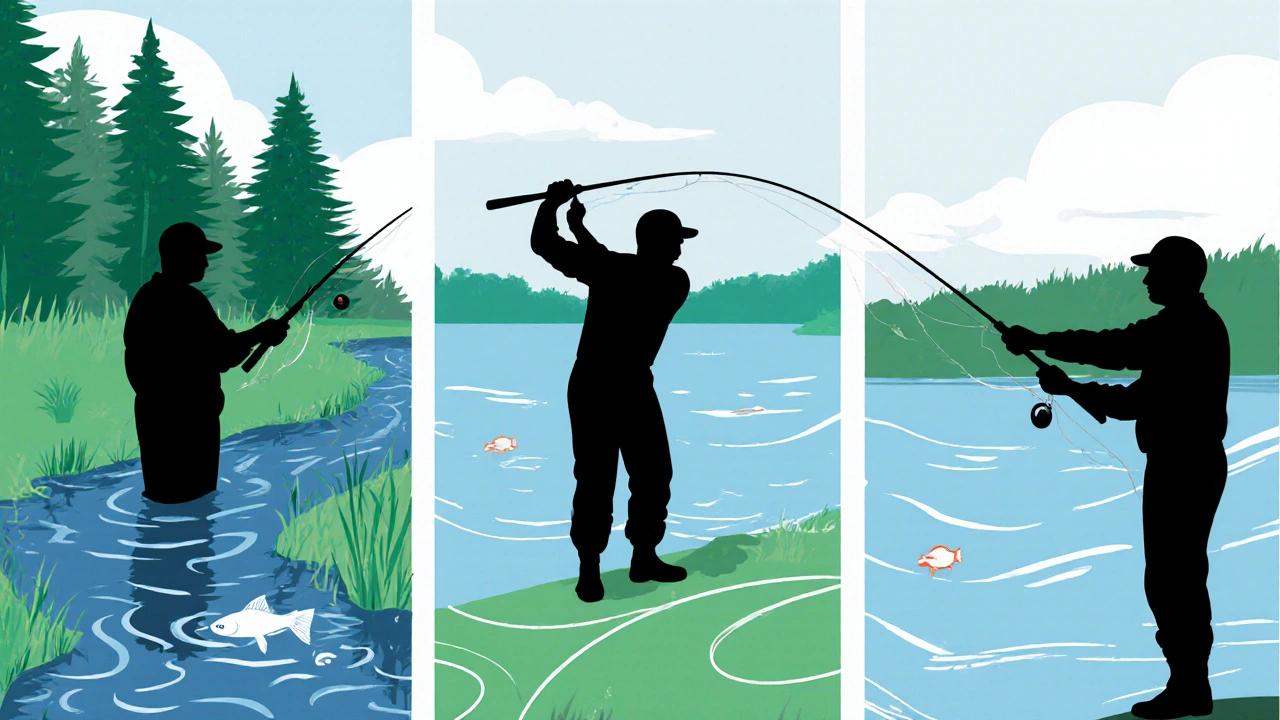 Три рыбака с разными удочками на разных водоемах: ручей, озеро и водохранилище.