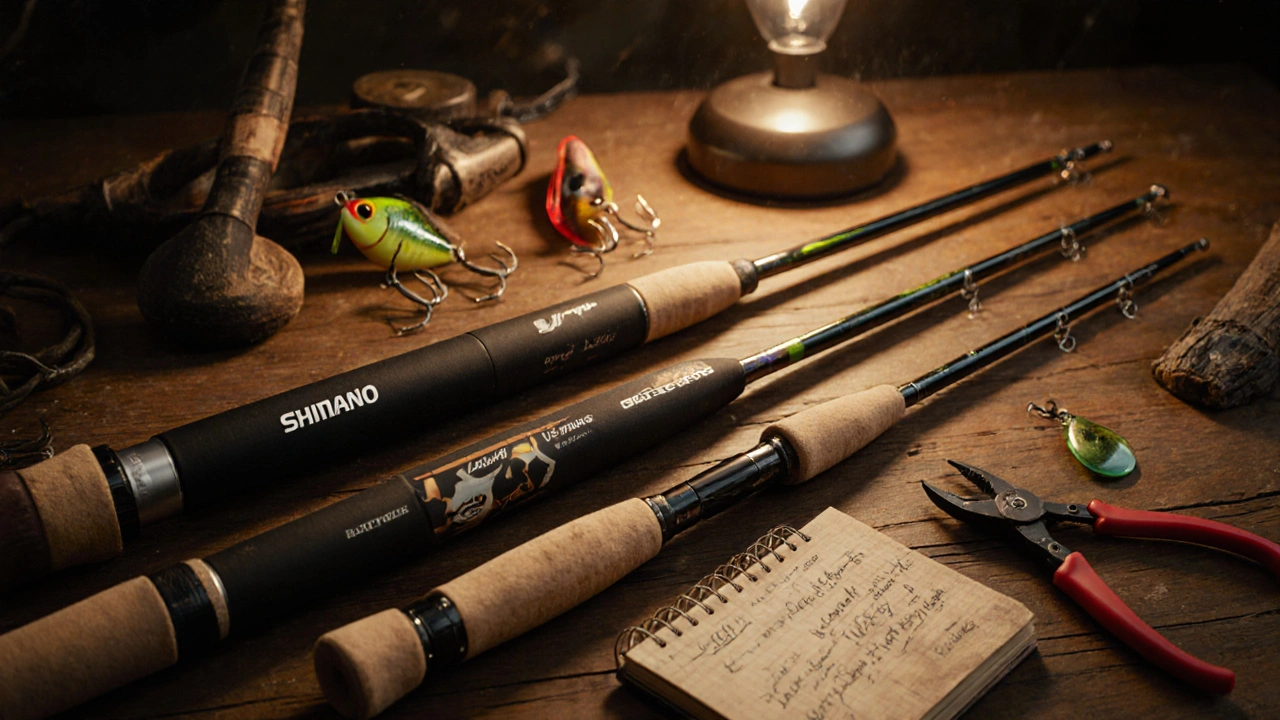 Три рыболовные удочки на деревянном столе: Shimano, Daiwa и Ugly Stik.